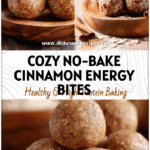 Round no-bake cinnamon roll energy bites made with oats and applesauce shown on a wooden board.